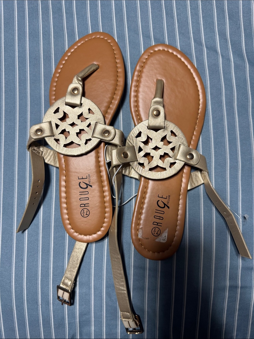 Rouge Helium Gold Leather T-Strap Sandals with Decorative Medallion